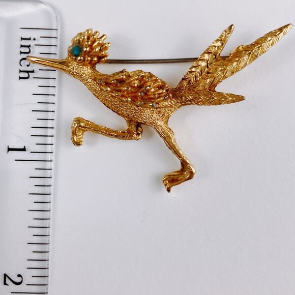 VTG Mid Century Roadrunner Brooch Gold Tone Bird Pin Turquoise Eye Figural - Picture 8 of 8